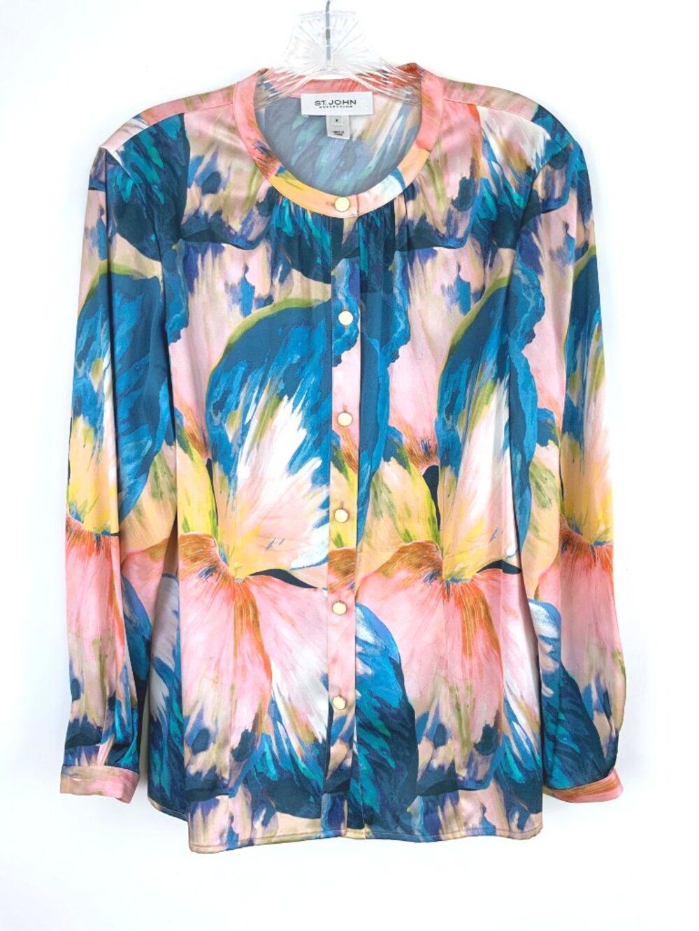 New St. John Collection Silk Floral Watercolor Blue Pink Blouse Sz 8 - Picture 10 of 16